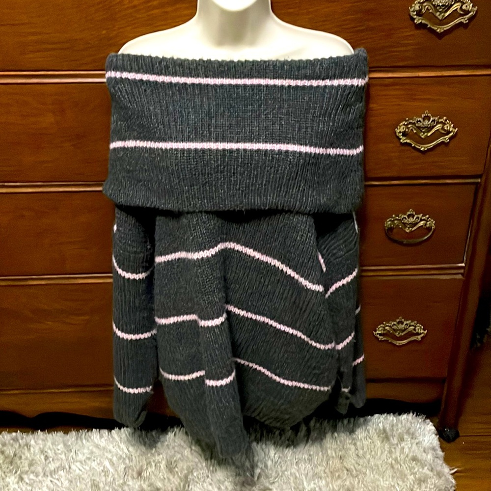 UMGEE Gray w/ Pink Stripes Off the Shoulder/Cowl Sweater